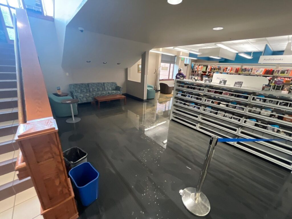 Flooded commercial library being dried by Forefront restoration crew
