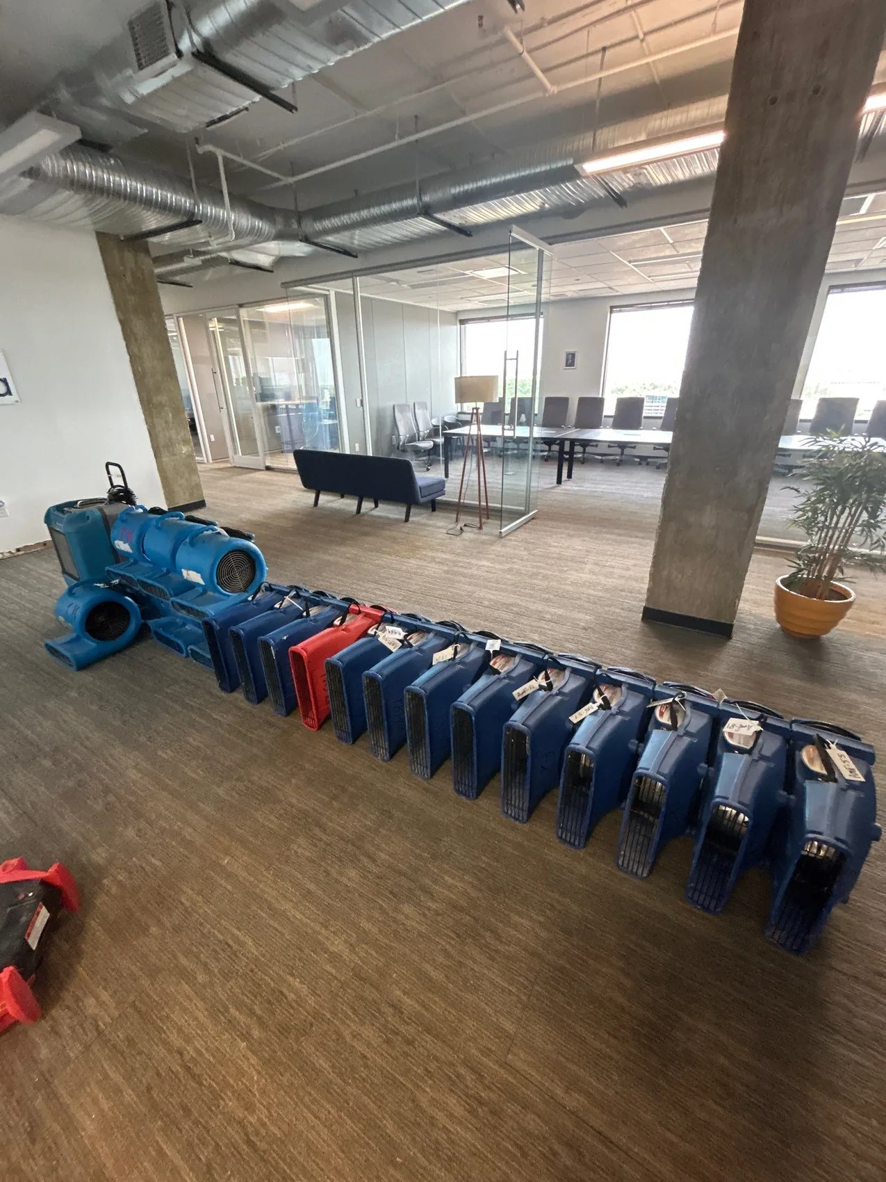 A line of air movers drying an open commercial office floor after a water loss