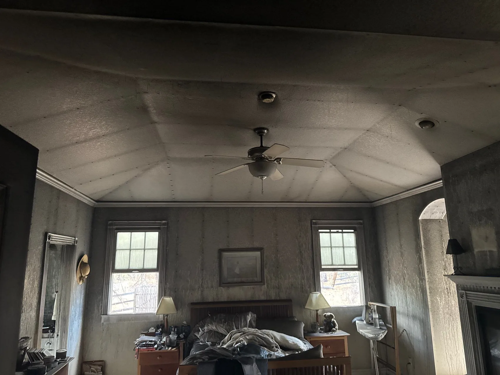 Fire-damaged interior cleaned down to the framing during restoration