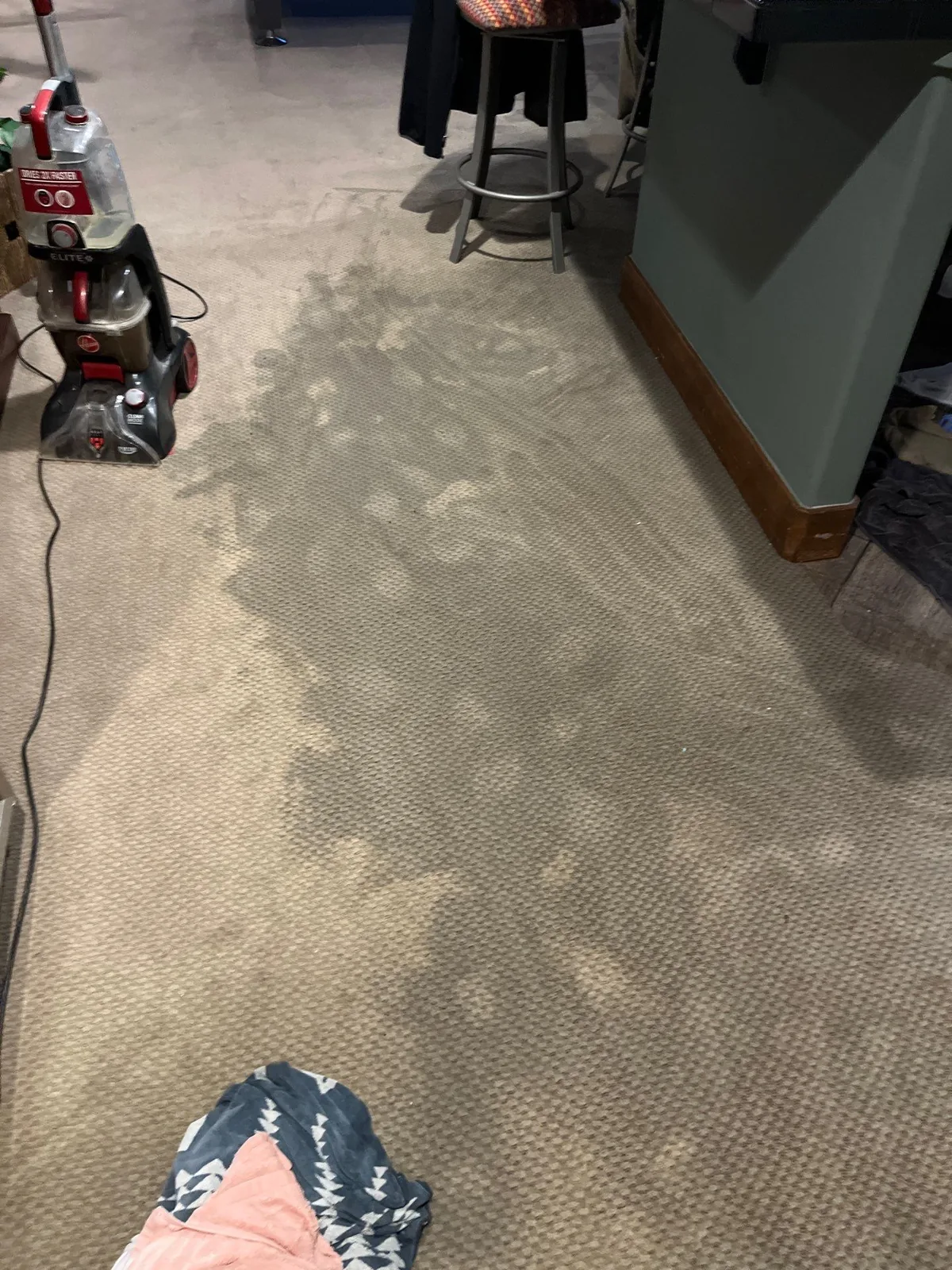 A carpet extractor running over stained carpet where sewage soaked below the surface